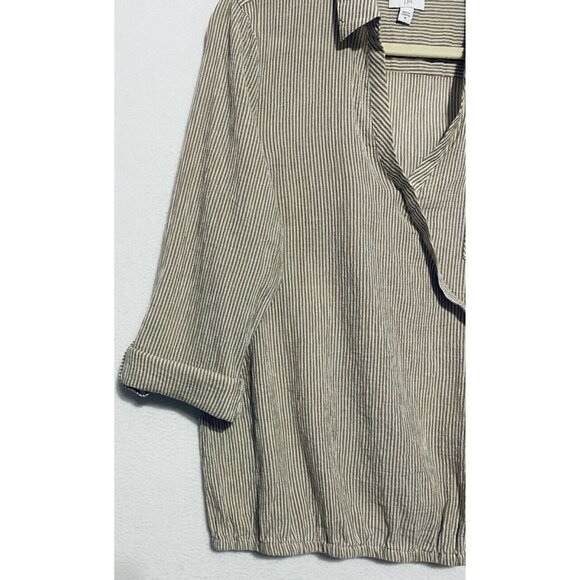 J Jill Top Womens Medium Brown Striped Faux Wrap V Neck Roll Tab Sleeves Boho - Picture 6 of 10